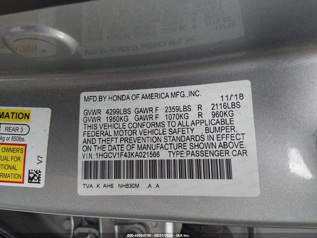 45954799 :رقم المزاد ، 1HGCV1F43KA021566 vin ، 2019 Honda Accord Ex مزاد بيع