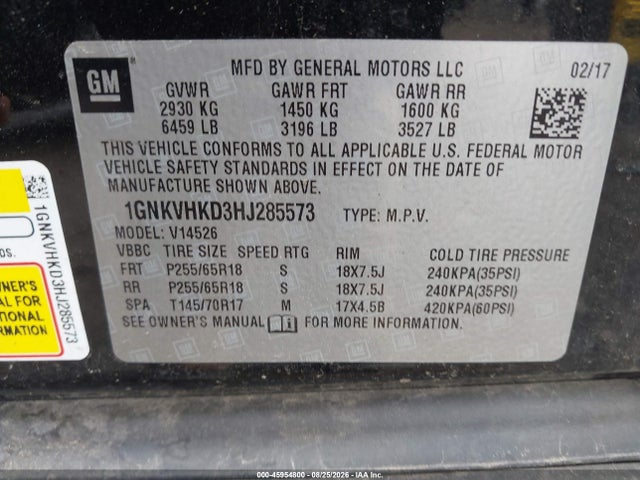 Aukcja sprzedaży 2017 Chevrolet Traverse Lt, vin: 1GNKVHKD3HJ285573, numer aukcji: 45954800