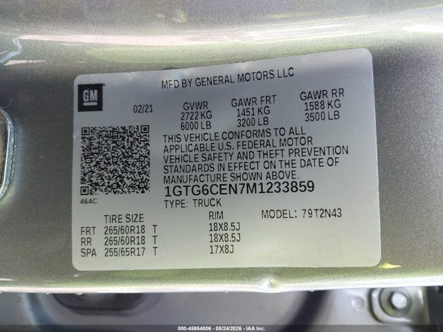 Aukcja sprzedaży 2021 Gmc Canyon 4wd  Short Box Elevation, vin: 1GTG6CEN7M1233859, numer aukcji: 45954806