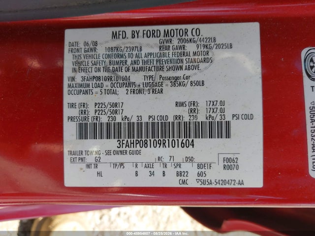 2009 Ford Fusion Sel მანქანა იყიდება აუქციონზე, vin: 3FAHP08109R101604, აუქციონის ნომერი: 45954807