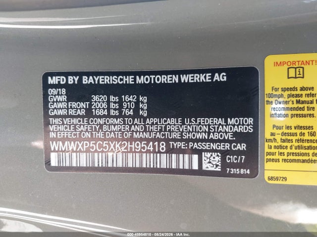 Aukcja sprzedaży 2019 Mini Hardtop Cooper, vin: WMWXP5C5XK2H95418, numer aukcji: 45954810