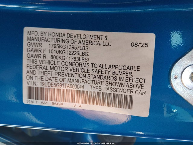 Продаж на аукціоні авто 2026 Acura Integra Fwd Type S, vin: 19UDE5G91TA000044, номер лоту: 45954812