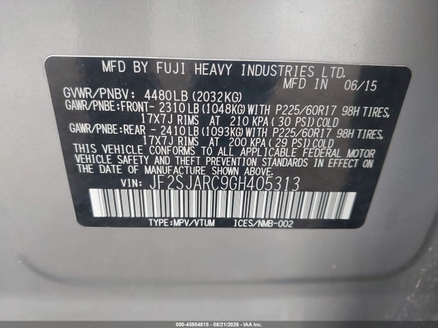 45954815 :رقم المزاد ، JF2SJARC9GH405313 vin ، 2016 Subaru Forester 2.5i Limited مزاد بيع