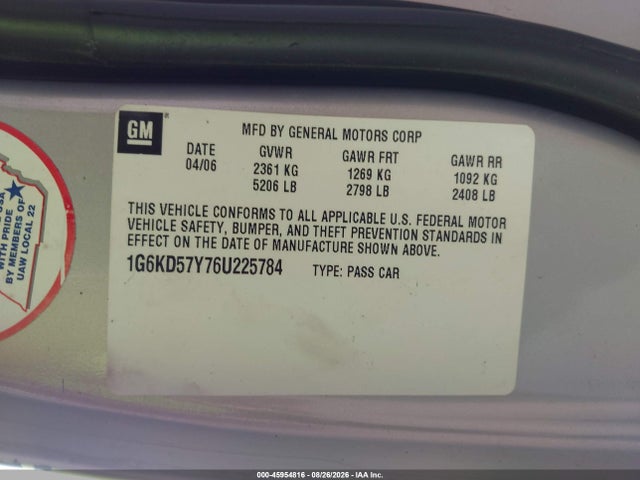45954816 :رقم المزاد ، 1G6KD57Y76U225784 vin ، 2006 Cadillac Dts 1sb مزاد بيع