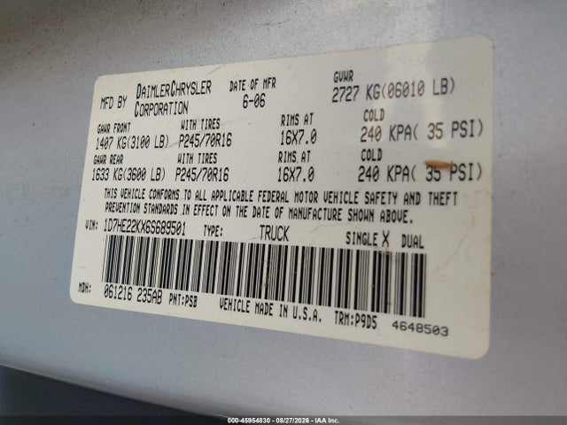 Aukcja sprzedaży 2006 Dodge Dakota St, vin: 1D7HE22KX6S689501, numer aukcji: 45954830