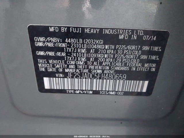 45954838 :رقم المزاد ، JF2SJADC5FH480659 vin ، 2015 Subaru Forester 2.5i Premium مزاد بيع