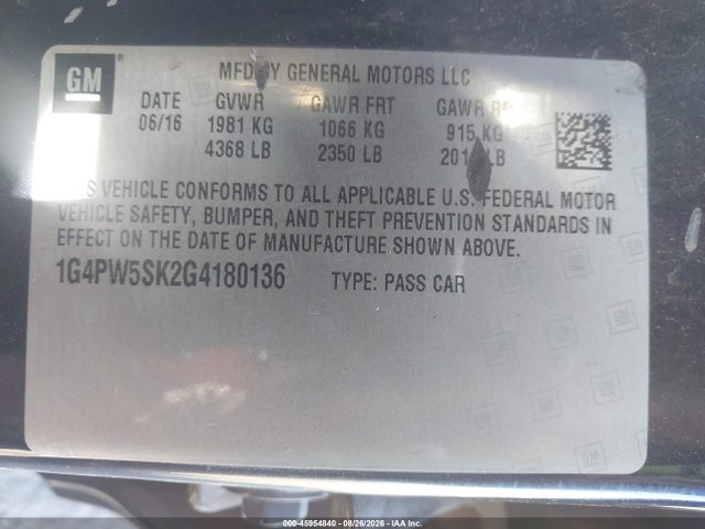 2016 Buick Verano Sport Touring Group მანქანა იყიდება აუქციონზე, vin: 1G4PW5SK2G4180136, აუქციონის ნომერი: 45954840