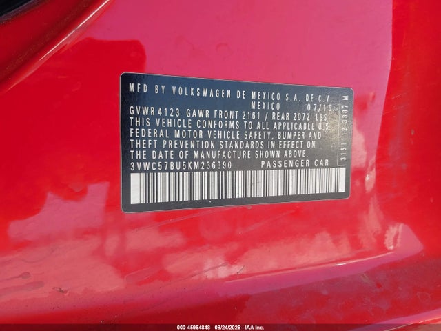 45954848 :رقم المزاد ، 3VWC57BU5KM236390 vin ، 2019 Volkswagen Jetta 1.4t R-line/1.4t S/1.4t Se مزاد بيع