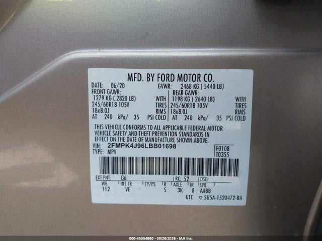 45954860 :رقم المزاد ، 2FMPK4J96LBB01698 vin ، 2020 Ford Edge Sel مزاد بيع