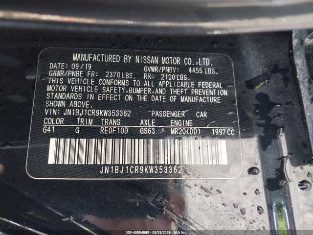 2019 Nissan Rogue Sport Sv მანქანა იყიდება აუქციონზე, vin: JN1BJ1CR9KW353362, აუქციონის ნომერი: 45954869