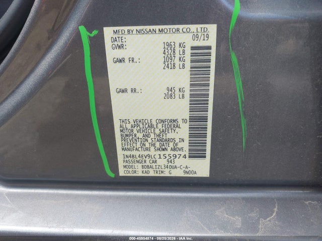 2020 Nissan Altima Sl Fwd მანქანა იყიდება აუქციონზე, vin: 1N4BL4EV9LC155974, აუქციონის ნომერი: 45954874
