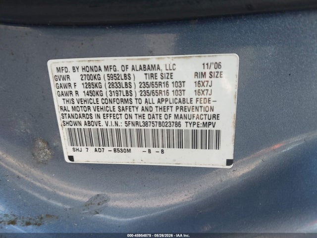 Aukcja sprzedaży 2007 Honda Odyssey Ex-l, vin: 5FNRL38757B023786, numer aukcji: 45954875