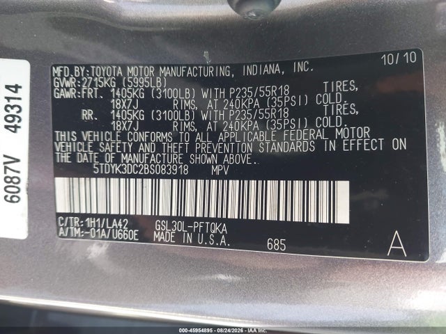 45954895 :رقم المزاد ، 5TDYK3DC2BS083918 vin ، 2011 Toyota Sienna Ltd مزاد بيع