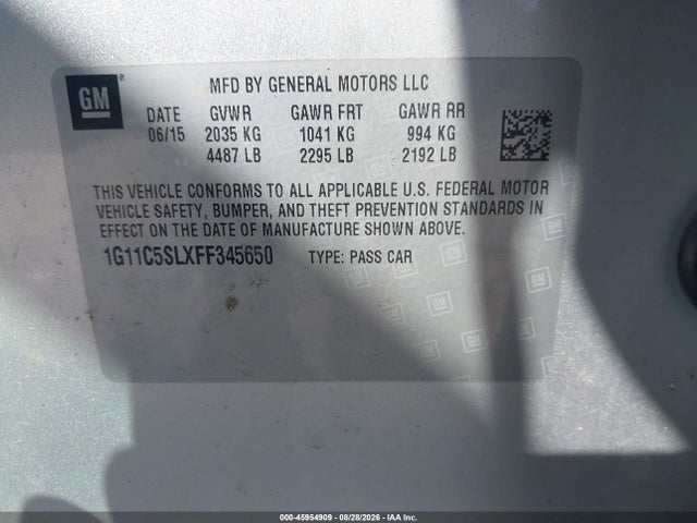 Продаж на аукціоні авто 2015 Chevrolet Malibu 1lt, vin: 1G11C5SLXFF345650, номер лоту: 45954909