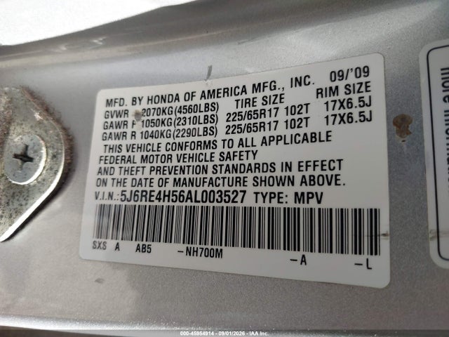 2010 Honda Cr-v Ex მანქანა იყიდება აუქციონზე, vin: 5J6RE4H56AL003527, აუქციონის ნომერი: 45954914
