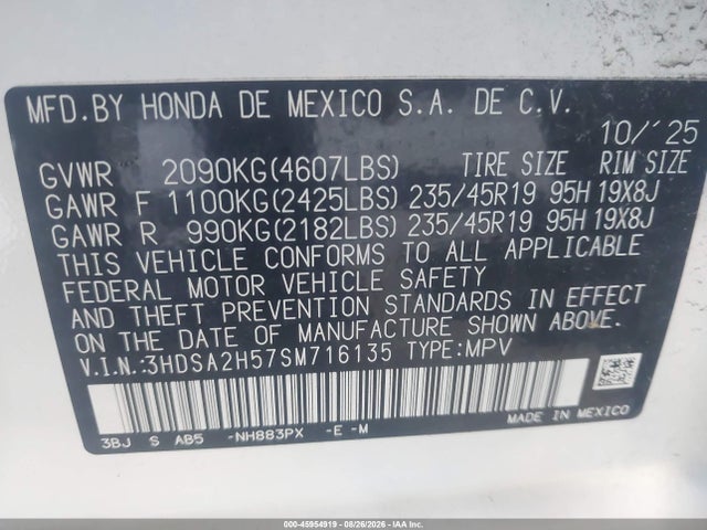 45954919 :رقم المزاد ، 3HDSA2H57SM716135 vin ، 2025 Acura Adx A-spec مزاد بيع