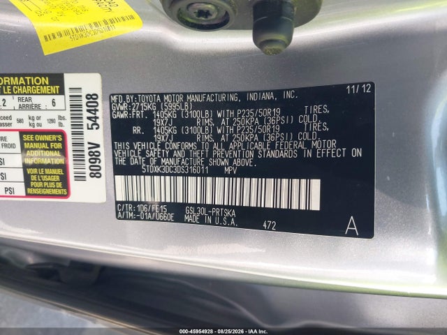 Продажа на аукционе авто 2013 Toyota Sienna Se 8 Passenger, vin: 5TDXK3DC3DS316011, номер лота: 45954928