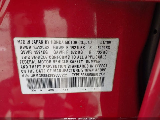 45954940 :رقم المزاد ، JHMGE88439S055922 vin ، 2009 Honda Fit Sport مزاد بيع