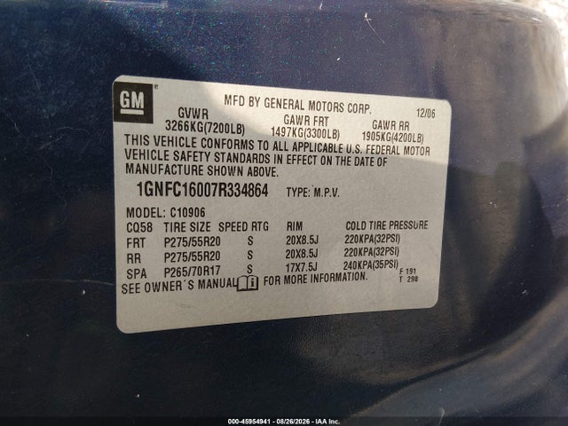 Aukcja sprzedaży 2007 Chevrolet Suburban 1500 Ltz, vin: 1GNFC16007R334864, numer aukcji: 45954941