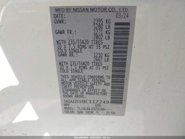 Aukcja sprzedaży 2024 Nissan Murano Sl Intelligent Awd, vin: 5N1AZ2CS4RC117249, numer aukcji: 45954942