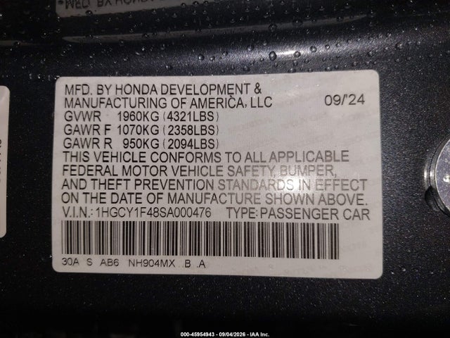 Продажа на аукционе авто 2025 Honda Accord Se, vin: 1HGCY1F48SA000476, номер лота: 45954943