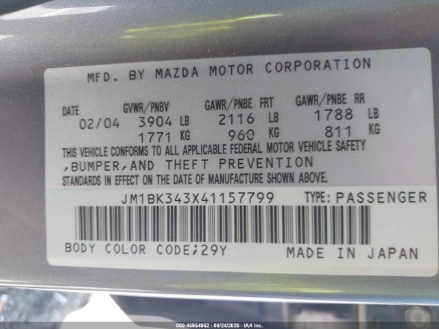 2004 Mazda Mazda3 S მანქანა იყიდება აუქციონზე, vin: JM1BK343X41157799, აუქციონის ნომერი: 45954962