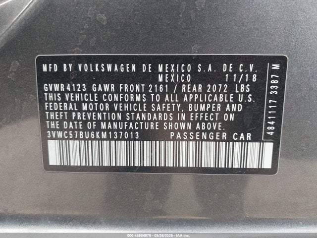 2019 Volkswagen Jetta 1.4t R-line/1.4t S/1.4t Se მანქანა იყიდება აუქციონზე, vin: 3VWC57BU6KM137013, აუქციონის ნომერი: 45954978