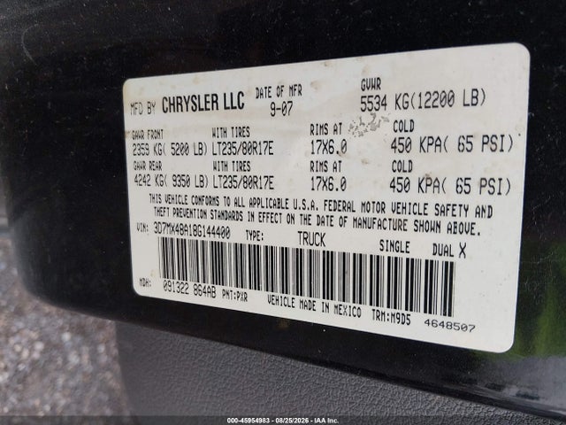 2008 Dodge Ram 3500 Slt მანქანა იყიდება აუქციონზე, vin: 3D7MX48A18G144400, აუქციონის ნომერი: 45954983