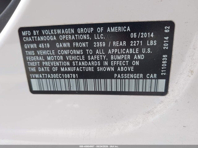 1VWAT7A30EC108781 Volkswagen Passat 1.8t S