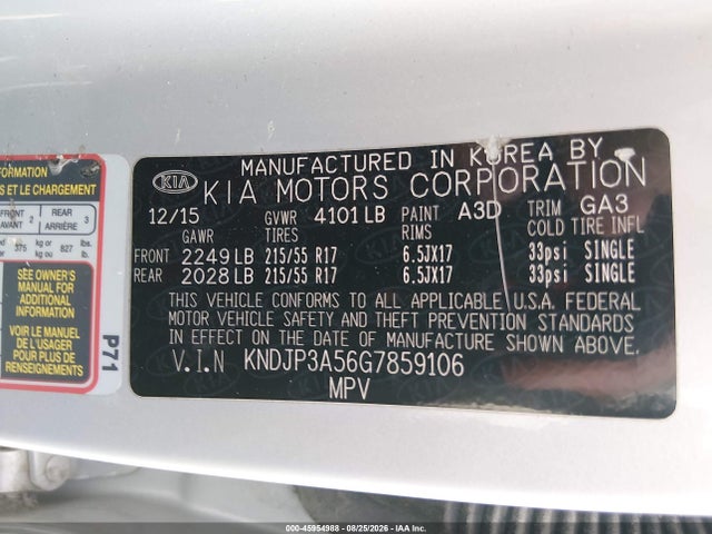 45954988 :رقم المزاد ، KNDJP3A56G7859106 vin ، 2016 Kia Soul + مزاد بيع