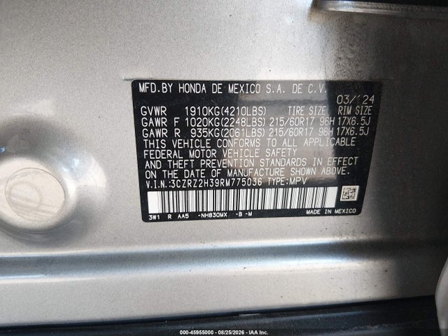 2024 Honda Hr-v Awd Lx მანქანა იყიდება აუქციონზე, vin: 3CZRZ2H39RM775036, აუქციონის ნომერი: 45955000