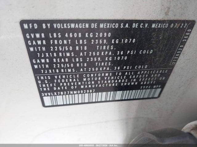 Продаж на аукціоні авто 2022 Volkswagen Taos 1.5t Se, vin: 3VVLX7B27NM092987, номер лоту: 45955005