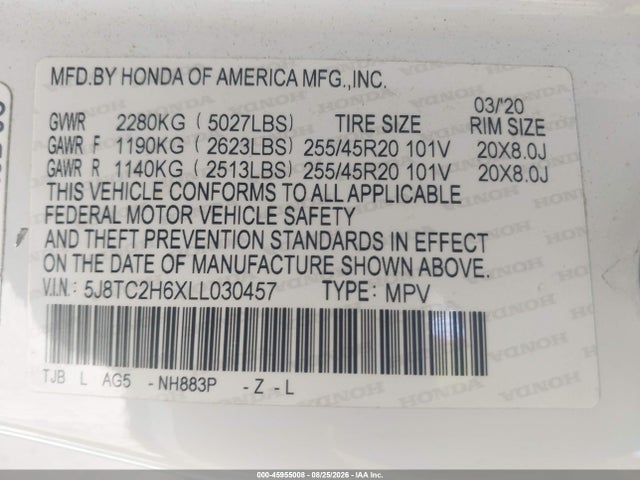 45955008 :رقم المزاد ، 5J8TC2H6XLL030457 vin ، 2020 Acura Rdx A-spec Package مزاد بيع