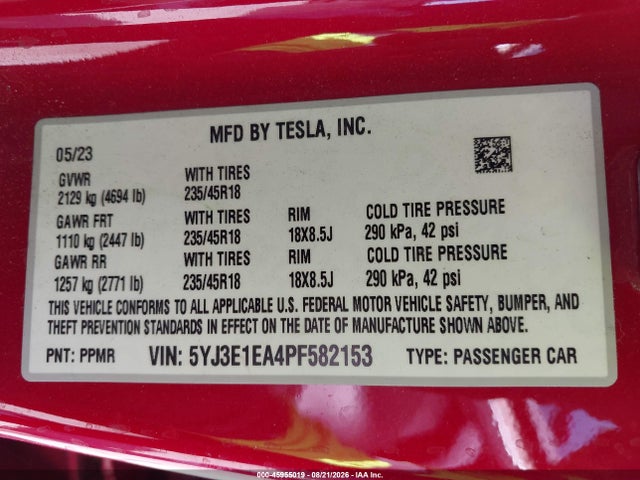 45955019 :رقم المزاد ، 5YJ3E1EA4PF582153 vin ، 2023 Tesla Model 3 Rear-wheel Drive مزاد بيع