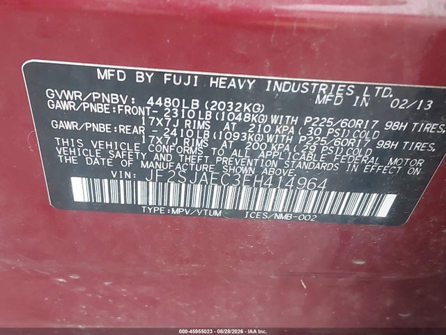 45955023 :رقم المزاد ، JF2SJAEC3EH414964 vin ، 2014 Subaru Forester 2.5i Premium مزاد بيع