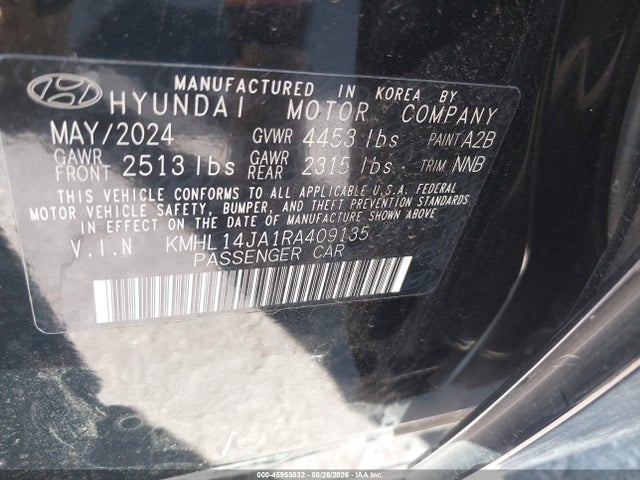 45955032 :رقم المزاد ، KMHL14JA1RA409135 vin ، 2024 Hyundai Sonata Sel مزاد بيع