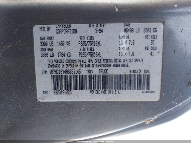 1994 Dodge Ram 1500 მანქანა იყიდება აუქციონზე, vin: 1B7HC16Y4RS651145, აუქციონის ნომერი: 45955043