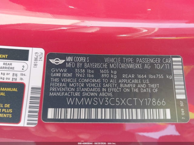 Aukcja sprzedaży 2012 Mini Cooper S, vin: WMWSV3C5XCTY17866, numer aukcji: 45955044