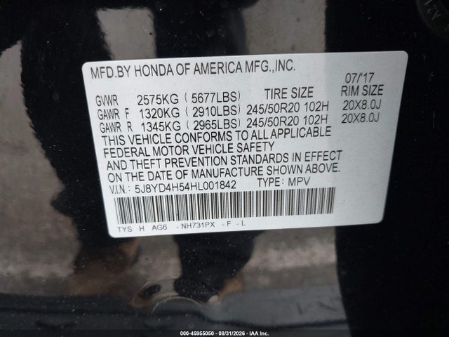 Auction sale of the 2017 Acura Mdx Technology Package, vin: 5J8YD4H54HL001842, lot number: 45955050