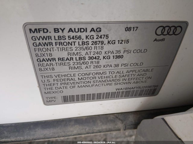Aukcja sprzedaży 2018 Audi Q5 2.0t Premium/2.0t Tech Premium, vin: WA1BNAFY5J2038756, numer aukcji: 45955053
