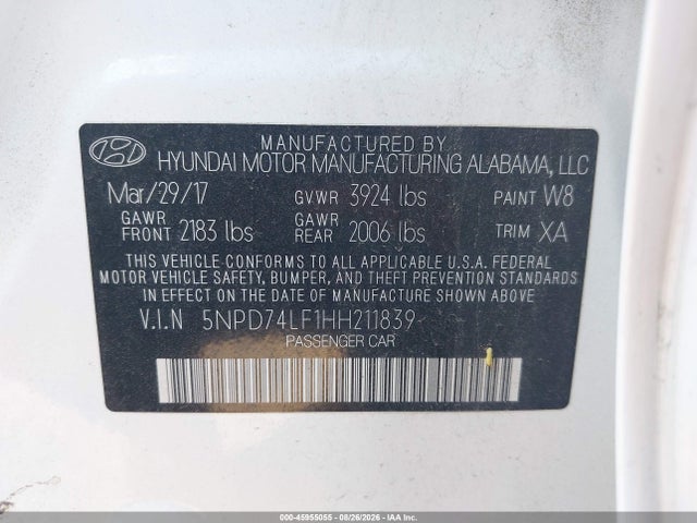 Продажа на аукционе авто 2017 Hyundai Elantra Se, vin: 5NPD74LF1HH211839, номер лота: 45955055