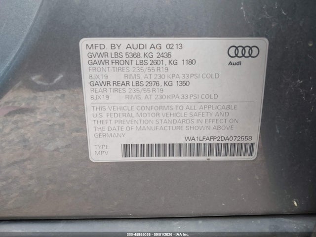 45955056 :رقم المزاد ، WA1LFAFP2DA072558 vin ، 2013 Audi Q5 2.0t Premium مزاد بيع