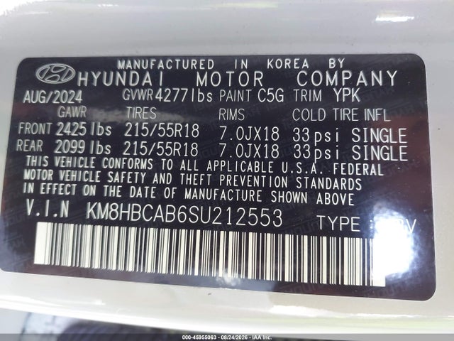2025 Hyundai Kona Sel მანქანა იყიდება აუქციონზე, vin: KM8HBCAB6SU212553, აუქციონის ნომერი: 45955063