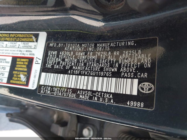 Продажа на аукционе авто 2016 Toyota Camry Se, vin: 4T1BF1FK7GU119765, номер лота: 45955065