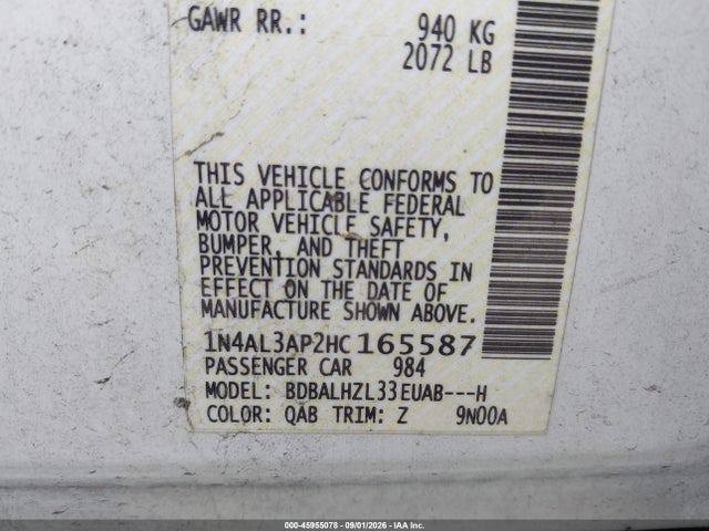 45955078 :رقم المزاد ، 1N4AL3AP2HC165587 vin ، 2017 Nissan Altima 2.5 Sr مزاد بيع