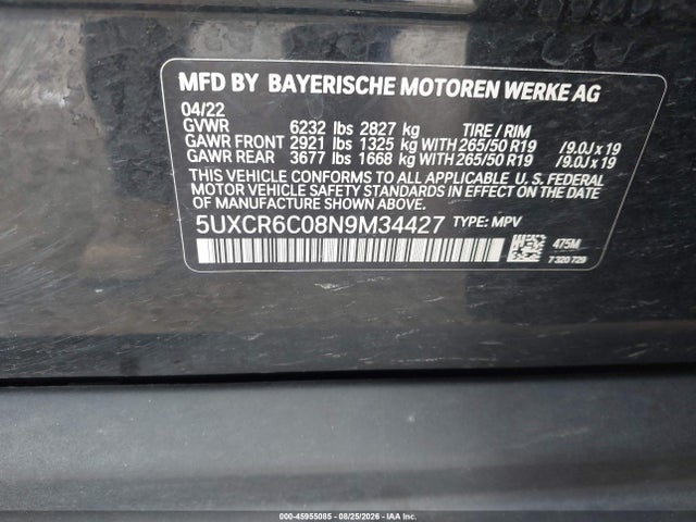 Aukcja sprzedaży 2022 Bmw X5 Xdrive40i, vin: 5UXCR6C08N9M34427, numer aukcji: 45955085