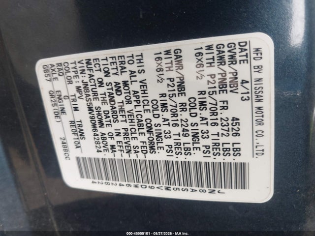 Aukcja sprzedaży 2013 Nissan Rogue S, vin: JN8AS5MV9DW642824, numer aukcji: 45955101