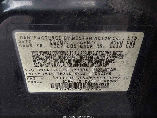 Aukcja sprzedaży 2008 Nissan Sentra 2.0, vin: 3N1AB61E38L622301, numer aukcji: 45955106