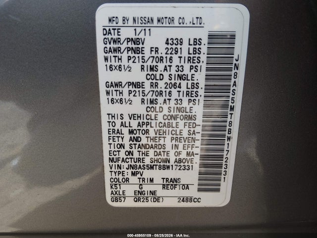 Продаж на аукціоні авто 2011 Nissan Rogue S, vin: JN8AS5MT8BW172331, номер лоту: 45955109