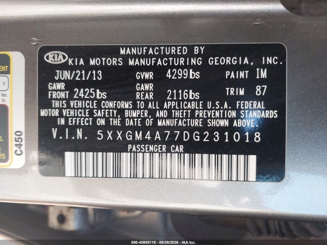 Продажа на аукционе авто 2013 Kia Optima Lx, vin: 5XXGM4A77DG231018, номер лота: 45955118